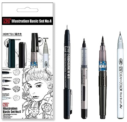 Kuretake Zig Inktober pen set, for Illustration, Manga Drawing, Lettering and Calligraphy, Professional Artist, Made in Japan (Basic No.4(4pcs.))