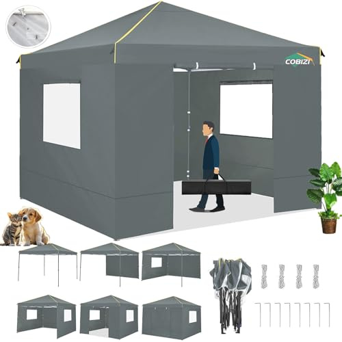 COBIZI Tenda a baldacchino pop-up con 4 pareti laterali rimovibili, impermeabile, commerciale, istantanea, tenda per esterni, per feste, mostre, picnic, con borsa per il trasporto, 4 pali e corde