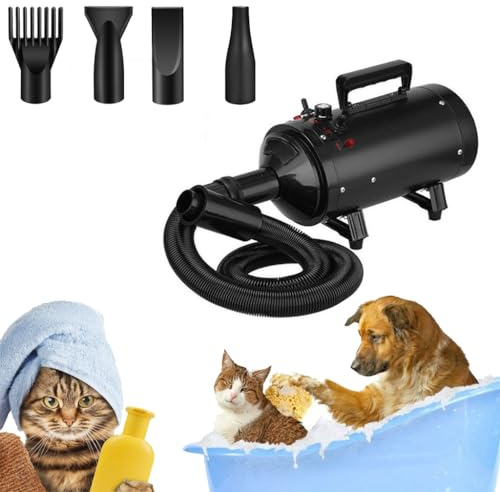 Sèche-Cheveux pour Animaux 2800W Séchoir pulseur Professionnel pour Chien Séchoir Animaux pulseur avec 4 Buses e Tuyau élastique, Température: 35°c et 65°c, 2 vitesse