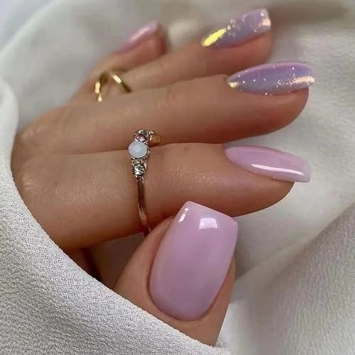 24 Pezzi Unghie Finte French Corte Quadrate Press on Nails Taro Viola Tip Acrilico Copertura Completa Unghie Artificiali Naturali Adesive Unghie Finte con Kit Biadesivo per Donna Ragazze