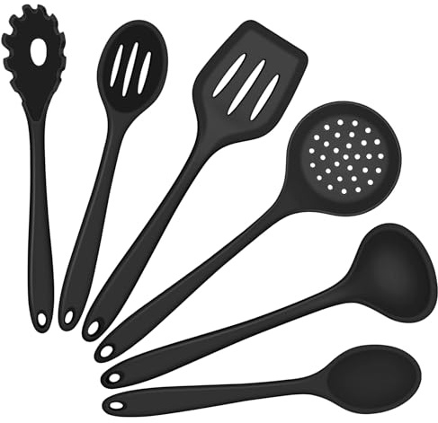 Onader Kitchen Utensils Set, 6 Piece Silicone Cooking Utensils Set | Heat Resistant Kitchen Tools Include Spoon Turner Skimmer for Non-Stick Cookware, Dishwasher Safe & Easy to Clean, Black