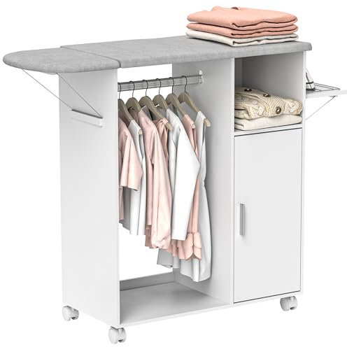 HOMCOM Armoire à Repasser en Bois Table à Repasser Pliante avec roulettes Barre de Suspension pour vêtements Étagère Ouverte pour Salon Chambre 107x42,5x99 cm Blanc