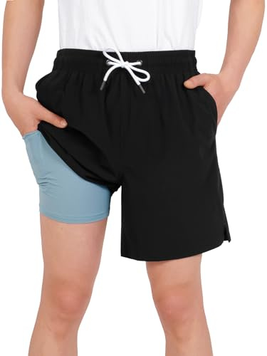 YOUNGSOUL Badbyxor pojkar badshorts med kompression barn 2 i 1 snabbtorkande badshorts boardshorts simbyxor, svart, 160 cm