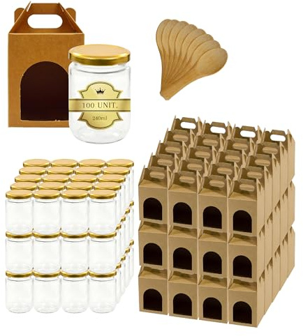 Espirito Rebelde Lot de 100 pots en verre vides avec couvercle de 240 ml avec 100 bôites en carton pour 1 pot de confiture et Cuillère - Pour confitures, conserves, miel- Cadeaux Mariage