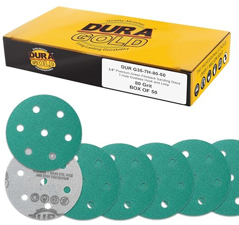 Dura-Gold Premium-Schleifscheiben mit 80er-Körnung, 90 mm, grün, 7-Loch-Muster, Box mit 50 Stück, robustes, staubfreies Schleifpapier mit Klettverschluss für Exzenterschleifer, Sand, Autolack,