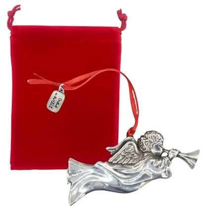 Angel Flying with Trumpet Pewter Ornament (Hand Polished) | High Relief & Detailed Design, Satin Finish | Festive Christmas Decor | Hand-Crafted in The USA