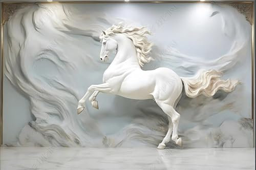 ZYHFDC Papier Peint Panoramique Relief en plâtre du cheval blanc Tableaux Muraux Tapisserie Photo Décoration Murale Salon Chambre 300CM(L)*210CM(H)
