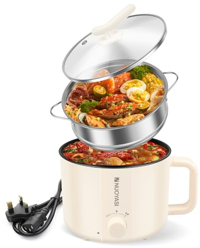 Electric Hot Pot with Steamer, 1.8 L Non-Stick Mini Electric Pot, 2 Gear Rapid Noodles Cooker, Portable Mini Stock Pot with Overheat Boil Dry Protection for Noodle, Pasta, Ramen(Double-Deck)