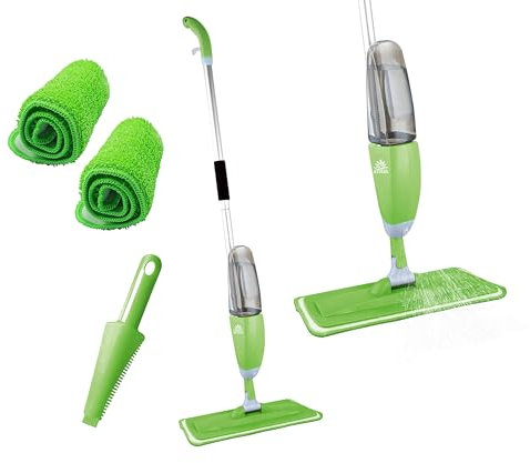 ARSUK Mocio con funzione spray, bottiglia ricaricabile da 600 ml con 2 panni di ricambio, testa rotante a 360° per una pulizia rapida di pavimenti in legno, marmo, laminato e piastrelle