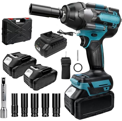 Discoball Llave de impacto inalámbrica, pistola de impacto de 1/2 pulgada, llave de impacto de alto par de torsión de 700 N.m con batería de 2 x 2.0 Ah, cargador rápido, 5 enchufes y funda de
