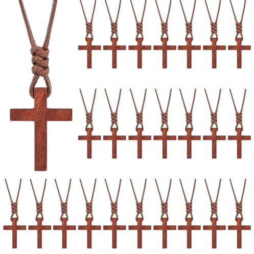 DELORIGIN 24 Stück Holzkreuz Halsketten In Großen Mengen Kleine Taschenkreuz Anhänger Glaubens Halskette Schmuck Für Bibelverse Partygeschenk Für Männer Und Frauen
