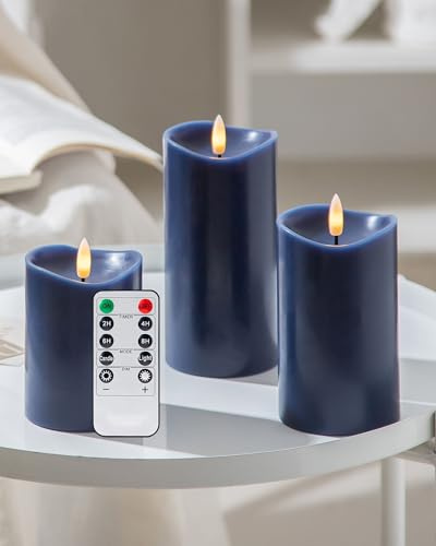 Velsyn Navy Blue Flameless Candles with Remote and Timer, Real Wax Made LED Pillar Candles Battery Operated with 3D Flickering Flame Melted Top, 3 x 4,5,6, Navy Blue Decor, Set of 3