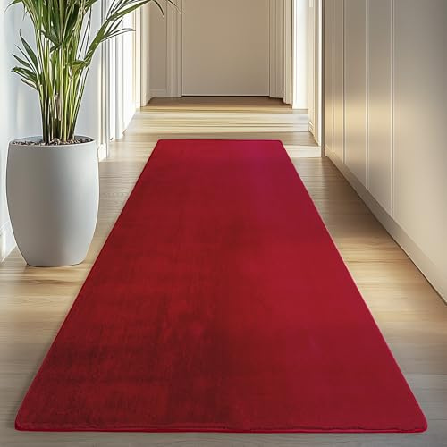 Carpettex Läufer Teppich Rot 80x250 cm- Kurzflor Teppich Waschbar, weich & rutschfest, modernes einfarbiges Design für Schlafzimmer, Küche & Flur