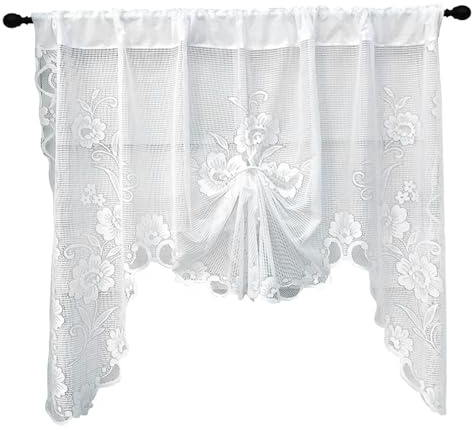 Jorzer Tende in pizzo, 180,3 x 99,1 cm, bianco floreale ricamato, mantovane da cucina, stile principessa, cascata, per bagno, mezza finestra