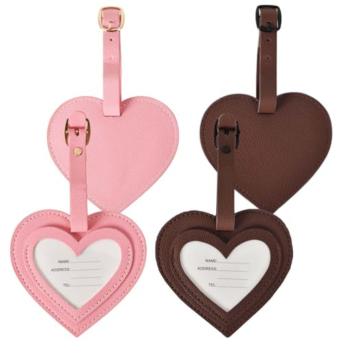 Gepäckanhänger, 2 Stück Kofferanhänger, Pu Leder, Kofferanhänger mit Adressschild Verstellbare, Schnelle Identifikation, Koffer Reisezubehör, für Reisetasche Koffer Geschäftsreise (Rosa Braun)