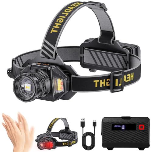 LED Stirnlampe 120.000 Lux, 12 Modi, USB wiederaufladbar, IPX7 | Mit Rotlicht, Warnlicht und Bewegungssensor. Ideal für Camping, Angeln, Wandern und Outdoor-Aktivitäten