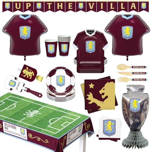 Aston Villa FC - Juego de suministros oficiales para fiestas, 77 piezas, decoraciones de fiesta de fútbol, sirve 6, con globos y vajilla | para cumpleaños y celebración del partido