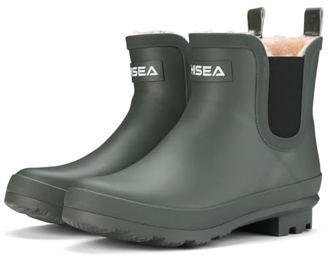 HISEA Women's Plush Chelsea Rain Boots Waterproof Ankle Rubber Shoes | Warm Fleece-Lined Interior Short Booties, Elastic Goring & Lug Sole for Winter Snow, Rainy Commutes, Gardening & Outdoor