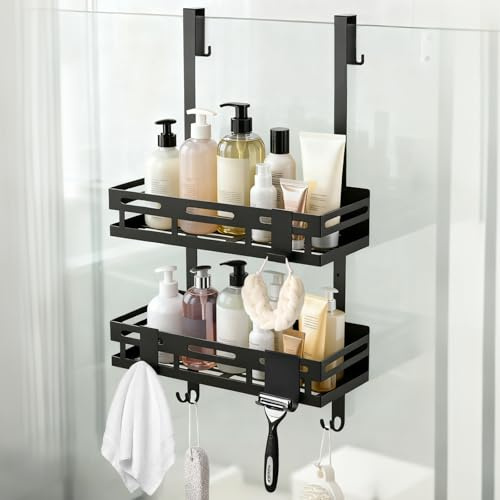 Étagère de Douche sans Perçage Panier de Douche Suspendu pour Porte Verre | 2 Niveaux avec 4 Crochets Fixes, 2 Crochets Mobiles et Support pour Raclette, Rangement Salle de Bain, Drainage rapide Noire