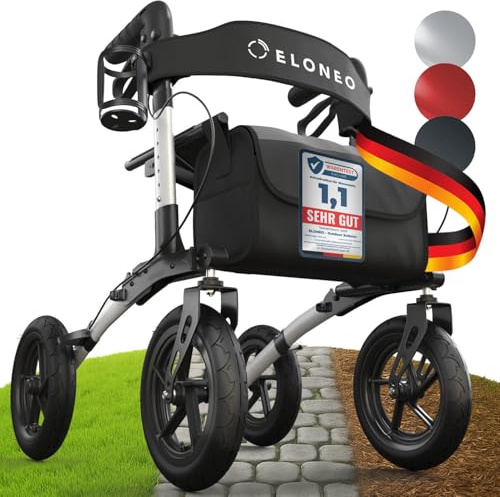 ELONEO Rollator faltbar und leicht mit Sitz, Outdoor Rollator mit Luftbereifung inkl. Sitzfläche, Rückengurt, höhenverstellbare Gehhilfe aus Aluminium inkl. Tasche und Stockhalter Silber