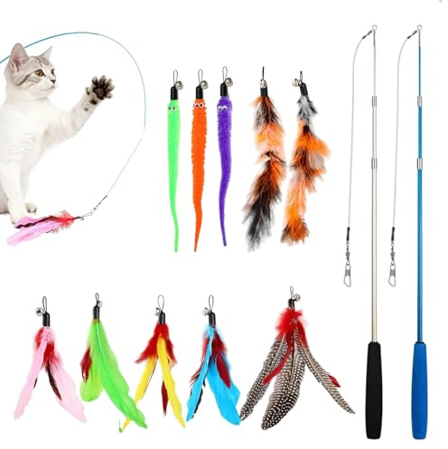 KAGHSTH Katzenspielzeug, 2 Katzenangeln ausziehbar mit 10 Federspielzeugen | Geeignet für Kitten und ausgewachsene Katzen – ideal für tägliche Beschäftigung im Haus und als Geschenk für Katzenfreunde.