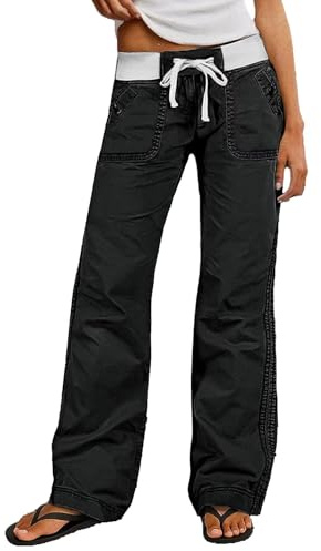 Flamingals Straight Leg Pants for Women Drawstring Waist Mid Rise Casual Solid Seam Detail Pants Black M