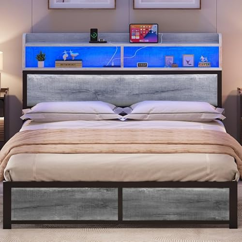 YITAHOME Bed Frame,LED with Headboard,USB Ports & Charging Outlets,Metal Platform Bed Frame with 2 Tiers Storage Shelves, No Box Spring Needed Super King Size