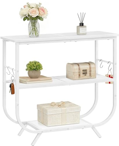 HOOBRO Dreistufiger schmaler Konsolentisch, Flurtisch mit Metallgestell, 80 x 30 x 74 cm, Sofatisch mit verstellbaren Füßen und S-Haken, Beistelltisch für Eingang, Flur, Wohnzimmer, Weiß EWW63XG01