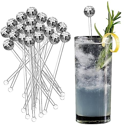 20pcs Cocktail Stirrers,Reusable Whiskey Beverage Stirring Sticks,Bar Disco Balls Cocktail Stirrers Swizzle Sticks,Beach Cocktails Ice Drinks Mixer Bar Stirring Mixing for Tea Coffee Party(Silver)