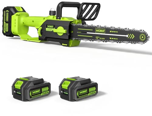 WORKIT Akku-Kettensäge 30 cm, bürstenlose elektrische Kettensäge, Leistung, 2 x 4,0 Ah Akkus, automatischer Ölung, Kettenbremse und werkzeugloser Kettenspannung für Garten, Baumschnitt und Brennholz