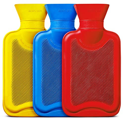 iMedic 3 Pack of Mini Hot Water Bottles - Hot Water Bag - Hot Water Bottle Cover Easily Applied - Hot Water Bottle UK - 3X750ml - One of Each Colour (Blue, Yellow and Red)