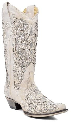 Corral Boots Womens Glitter Inlay Studded Snip Toe Casual Boots Mid Calf Mid Heel 2-3 - White