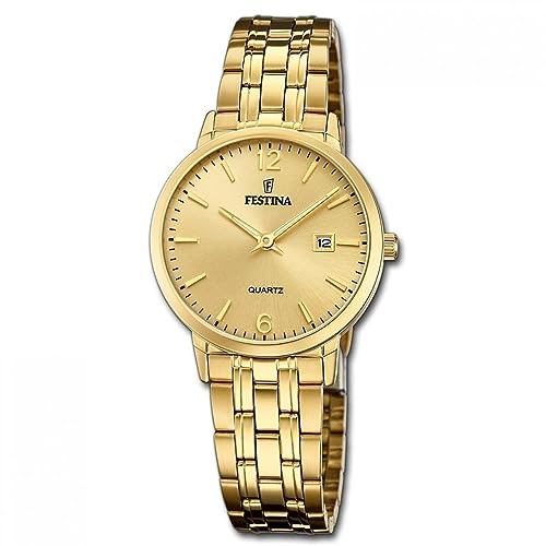Festina Damenuhr Analog aus Edelstahl 316l Goldfarben | Quarzwerk, Widerstandsfähiges Mineralglas, Wasserdicht 5 ATM, Kalender F20514/3