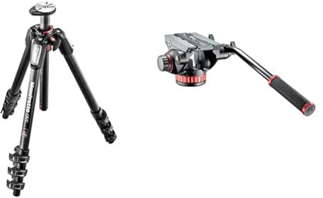 Manfrotto Trépied à 4 Parties en Fibre de Carbone & Rotule Video pour Trépied avec Base Plate et Levier Fixe, pour Stabilisateur Téléphone, Support Smartphone, Bras Magique, Vlog, Diffusion en Direct