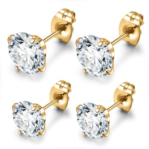 day.berlin Ohrstecker White 18k vergoldet | 4er Set Damen Ohrringe mit 6mm + 8mm Zirkonia Kristallen, 316L Edelstahl nickelfrei und wasserfest