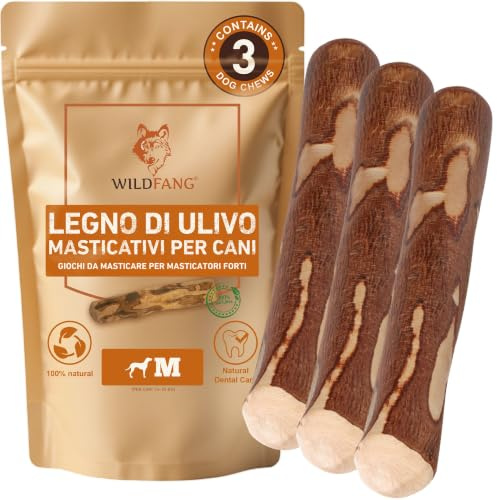 Wildfang® Olivenholz für Hunde, Größe M – robuste Kau-Sticks für Starke Kauer, Welpen-Kauspielzeuge zur Zahnung, Training der Kaumuskulatur, Olivenholz-Kaustab für Hunde (15-25kg), 3pack