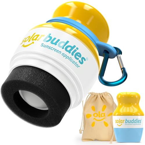 Solar Buddies Grab & Go Travel Bundle, Carabina Clip & Cleaning Brush - Refillable Roll on Sponge Sunscreen, Suncream & Lotion Applicator For Kids, Adults & Families - Holds 100ml (Blue Bag Set)