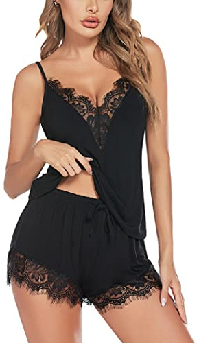Avidlove Cami Sleepwear for Womens Sexy Lingerie Set Modal Pajamas Lace Trim Shorts Set Nightwear (Black,M)