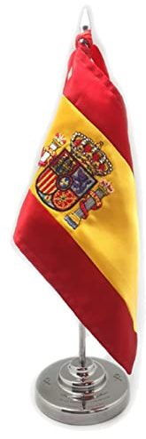 Bandera de España de sobremesa con mástil de latón cromado y peana, la bandera esta fabricada en raso brillo con el escudo bordado.