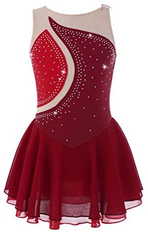Yeahdor Mädchen Eiskunstlauf Kleid Kurz Ärmellos Tanzkleid mit Strass Glitzer Ballettkleid Turnanzug Wettbewerb Auftritt Ballettkleidung Aa Rot O 146-152
