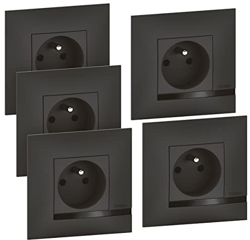 BTicino - Lot de 5 prises de courant Altège 16A 230V avec connexion à bornes automatiques - livrées complètes avec plaques de finition noir Nuit et griffes de fixation pour rénovation