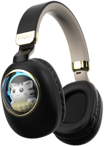 Kids Bluetooth Headphones - Light Up Cat Over Ear Kids Wireless Noise Cancelling Headphones with Microphone for Kids for School Gaming Headset Headphones for IPad Kindle Tablet PC Travel (Black Gold)