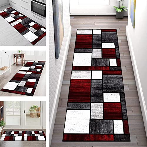 Teppich Flur Läufer Grau Weiß Rot Küche Teppichmatte Korridor Teppichläufer 60X200CM Küchenläufer Rutschfest Waschbar, Polyester Tepiche für Wohnzimmer Schlafzimmer Esszimmer Küchenteppich Meterware