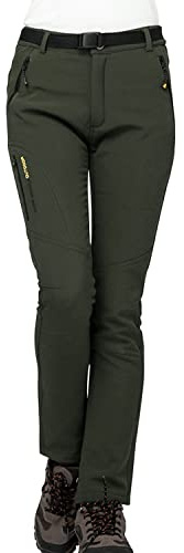 Vattentäta vinterbyxor för kvinnor termisk fleecefodrade tjocka vindtäta promenader varma softshell-snöbyxor för damer M-3XL, Armégrönt, L