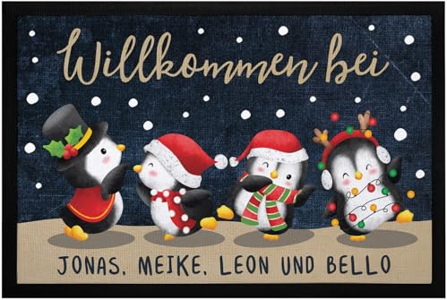 SpecialMe® Fußmatte Winter Pinguine mit Namen personalisiert Weihnachten Schnee Familie rutschfest & waschbar Schwarz 60x40cm