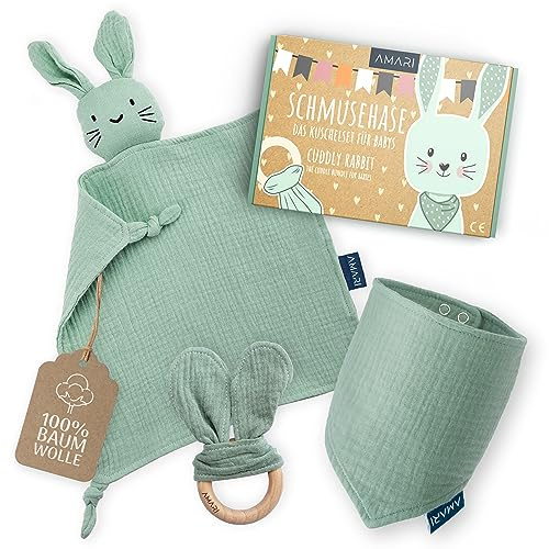 Amari ® Schmusetuch (Türkis Hase) mit Beißring und Lätzchen, Geburt für Junge und Mädchen - Baby Geschenk Neugeborene - Schnuffeltuch Babygeschenke Set zur Babyparty