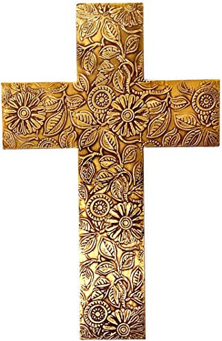 Aakrati Devyom Devyom Wandkreuz aus Holz God's Glory, Mangoholztafel mit goldener Messingblechabdeckung (11445)