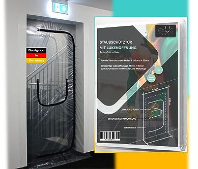 exUs 541 - Innovative Staubschutztür mit praktischer Öffnung/Luke (QPT Lösung) für Werkzeuge inkl. integrierten Klebestreifen - Leichtes Durchreichen von Utensilien - B 1,20 m x H 2,20 m - Folientür