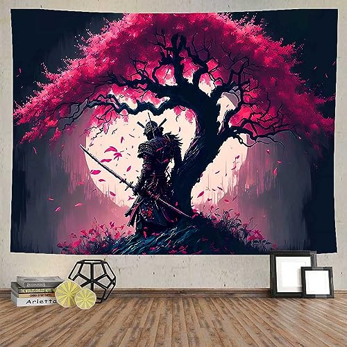 Ine Ive GTDWIE0191 Japanischer Samurai-Wandteppich für Schlafzimmer, ästhetischer Vollmond, Kirschblüte, Baumkrieger, asiatisch, orientalisch, Wandkunst, 203 x 152 cm, japanische Kunst für Wohnheim