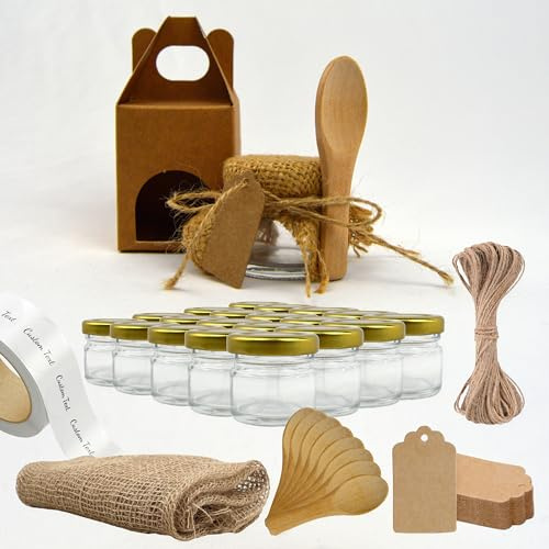 Espirito Rebelde Ensemble de 20 pots en verre de 30 ml avec boîtes assorties, tissu, ficelle de jute, étiquettes kraft, cuillères et rótulos personnalisés inclus - Pour confitures, conserves, miel